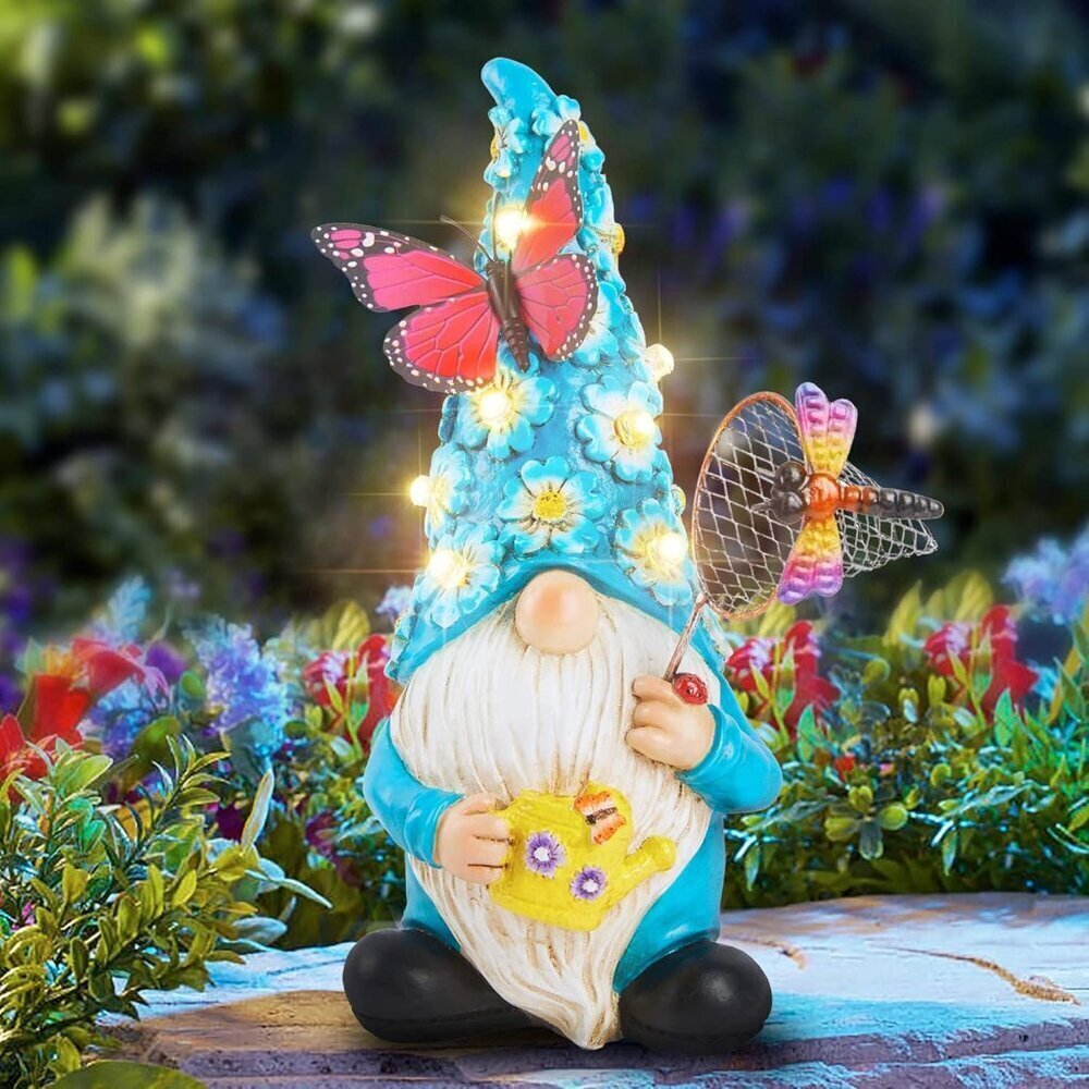 Solar Garden Gnome Statue LED Light Butterfly Decor